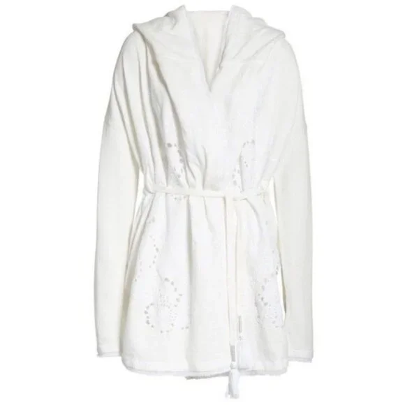 Free People Ivory French Terry Relaxed Hooded Wrap Cardigan Jacket Coastal Boho